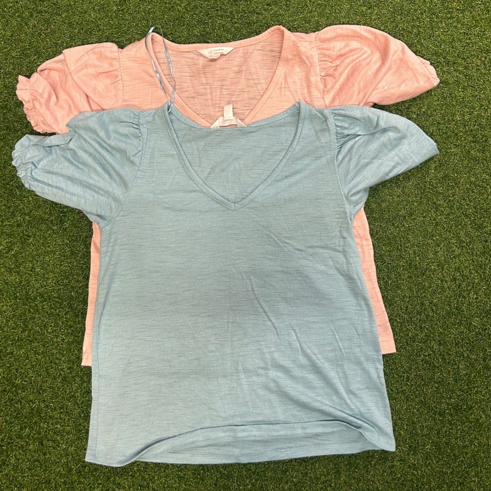 LC Lauren Conrad Women XS V-Neck Puff Sleeve Slub Knit Top Bundle Blue Pink
